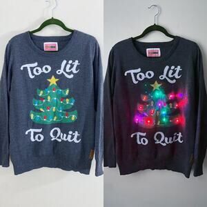Tipsy Elves Gray Too Lit Light Up Ugly Christmas Sweater Women's Size Large EUC
